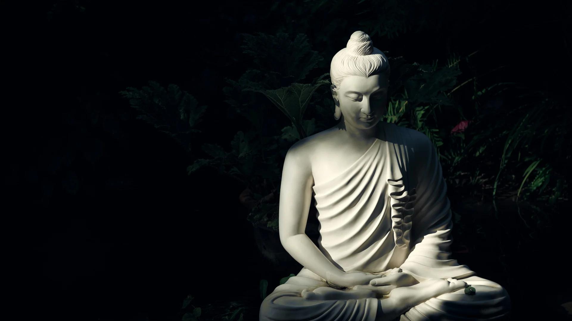 white stone buddha statue on a body of water in front of flowers