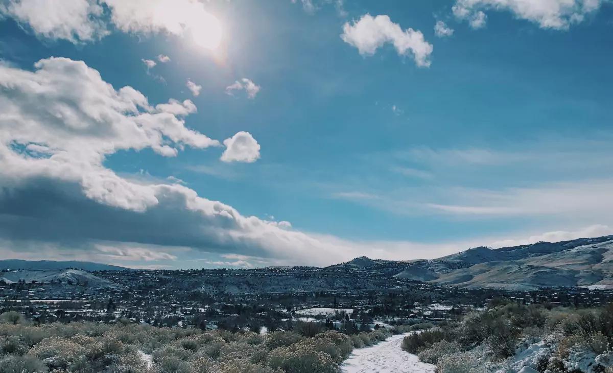 A snowy trail overlooking the Northwest of Reno, Nevada.